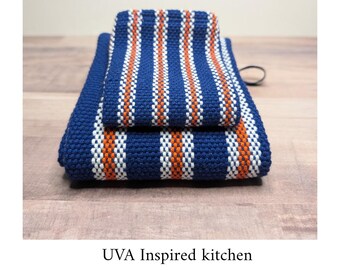 Handwoven UVA Inspired Dishtowel, Dishcloth Set: Blue and Orange Linens