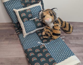 Handmade Doll Quilt Set: Teal Rainbow Patchwork Bedding