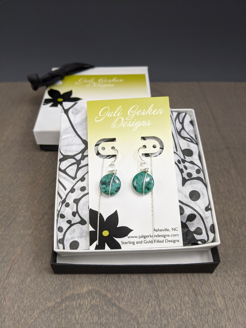 Sterling Threaders Stone Jewelry Ready to Ship Aqua Earrings African Turquoise Jasper Earrings Jasper Jewelry Threader Earrings