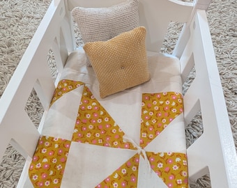 Handmade Doll Quilt Bedding Set: Pinwheel, Gold, Pink, Florals, Gift Set
