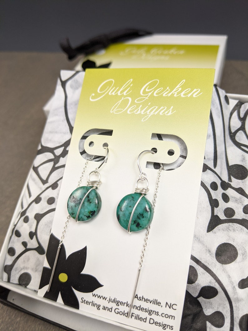 Sterling Threaders Stone Jewelry Ready to Ship Aqua Earrings African Turquoise Jasper Earrings Jasper Jewelry Threader Earrings
