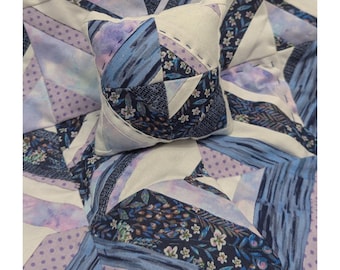 Handmade Doll Quilt Set: Blue Floral String Quilt, Matching Pillow