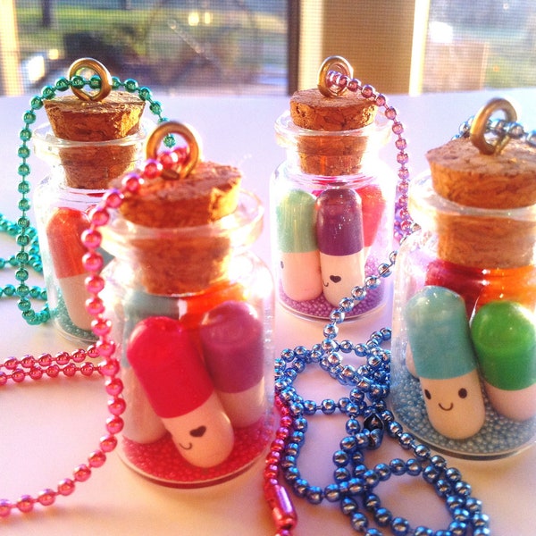 Custom Listing for Devin- Kawaii Happy Pills Message in a Bottle Pendant Necklaces