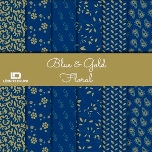 Bastelpapier Set Floral Blue & Gold 6-teilig 29,5x29,5 cm Designpapier Naturpapier blau Scrapbooking Journal Pattern Kreativpapier Design