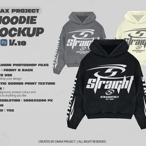 May include: Three different coloured hoodies with a graphic print of the word "Straightout" in white on a black background. The hoodies are grey, white, and black. The text "STRAIGHTOUT EST. 2000" is printed below the graphic.