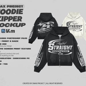 May include: Mockup of a black zipper hoodie with a white graphic print that says "Straightout Straight" and "Straightout Studios Est. 2022". The hoodie has a white zipper and a white hood.