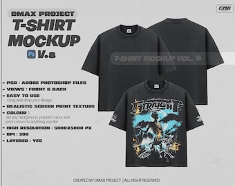 May include: A mockup of a black t-shirt with a realistic screen print texture. The t-shirt is layered and has a high resolution of 5000x5000 pixels. The mockup is easy to use and allows you to drag and drop your design.