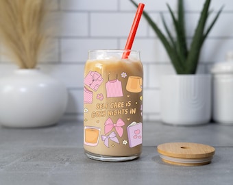 Self Care Glass Cup: Cozy Night In Tumbler with Lid & Straw