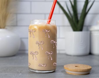 Coquette Pink Bow Glass Cup: 16oz Iced Coffee Tumbler with Lid & Straw