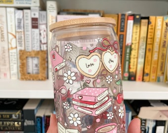 Coquette Bookish Girl Glass Cup - 16oz Iced Coffee Tumbler with Lid & Straw