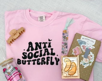 Anti Social Butterfly Bookish Gift Set: Pink T-Shirt, Blind Date Book Box