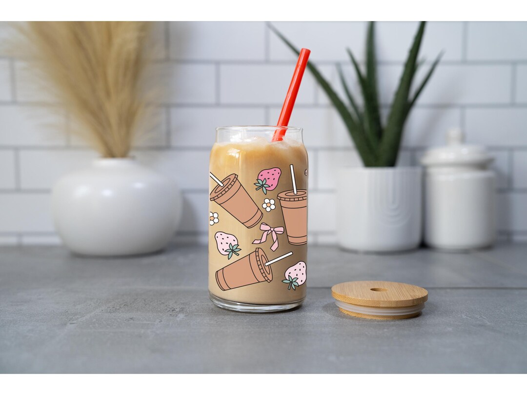 Strawberry Iced Coffee Glass Cup: 16oz Tumbler With Lid & Straw - Etsy