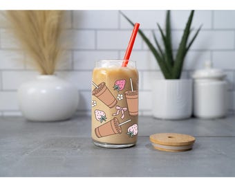 Strawberry Iced Coffee Glass Cup: 16oz Tumbler with Lid & Straw