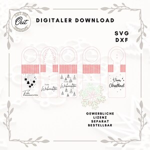 May include: Five printable Christmas bottle tag designs. The tags feature a pink and white striped background with a variety of Christmas-themed illustrations, including a snowflake, a Christmas tree, and ornaments. The text on the tags reads "Frohe Weihnachten" and "Vom Christkind".