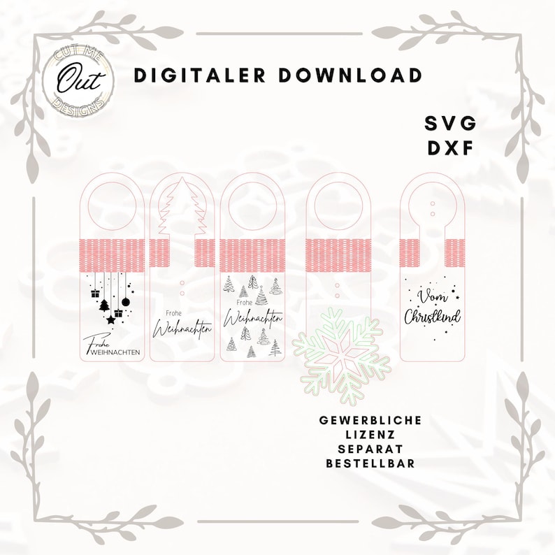 May include: Five printable Christmas bottle tag designs. The tags feature a pink and white striped background with a variety of Christmas-themed illustrations, including a snowflake, a Christmas tree, and ornaments. The text on the tags reads "Frohe Weihnachten" and "Vom Christkind".