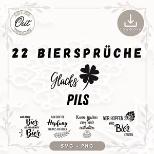 Puede incluir: Un diseño gráfico en blanco y negro con el texto "22 Bier Sprüche" y "Glucks Pils". Hay cuatro gráficos más pequeños con texto alemán sobre la cerveza.
