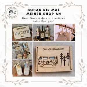 May include: A collection of laser cut wooden crafts, including a sign that says "Du wolltest doch nichts oder?" (You wanted nothing, right?), a wine bottle holder, a bunny-shaped money box, a money jar with a wrench and the text "50 Jahre", a money box with a VW bus and the text "F&uuml;r die Reisekasse" (For the travel fund), and a pair of overalls hanging on a wooden hanger.