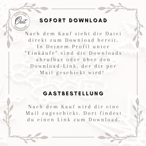 May include: A white background with black text explaining the download process for digital products. The text reads "SOFORT DOWNLOAD" and explains that after purchase, the file is available for download immediately. The text also explains that the file can be downloaded from the buyer's profile or via a download link sent by email. The text also explains that for guest orders, a download link will be sent by email.