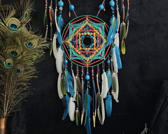 Large Turquoise Dreamcatcher, Mandala, Feathers, Nursery Decor