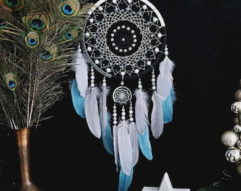 Handmade Dreamcatcher, Black Gray Blue Feathers, Rustic Home Decor