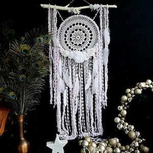 Soft pink large Dreamcatcher Newborn Baby Gift for Nursery, Faux Flowers & White Ribbons – The Perfect Rustic Christmas Gift for Mom, girl