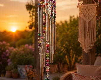 Boho Suncatcher Wind Chimes Set, Rainbow Wood Beads with Crystal Accents, Handmade Window Decor