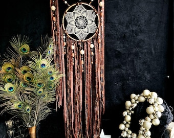 Large Brown Dreamcatcher, Handmade Cotton Doily, Rustic Home Decor