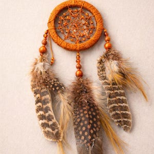 May include: An orange dreamcatcher with a woven circular frame and beaded accents. Three feathers in shades of brown and tan hang below. The dreamcatcher is suspended by a thin orange string.
