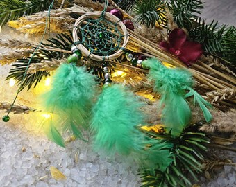 May include: Green dreamcatcher with feathers and beads hanging from a wooden ring. The dreamcatcher is surrounded by wheat stalks and pine branches.