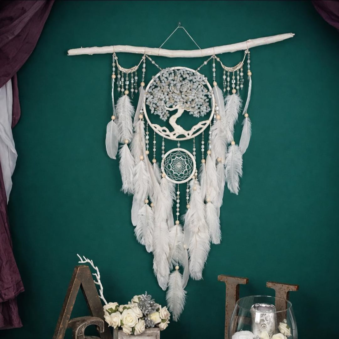 Large White Dream Catcher, Boho Wall Hanging With Tree of Life, Feather ...