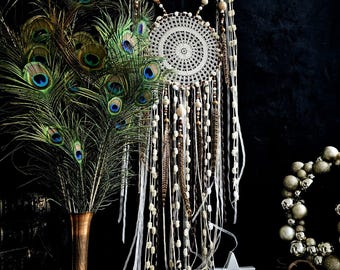 Large Brown Dreamcatcher, Rustic Boho Wall Decor, Feather and Bead Details