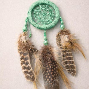 May include: A mint green dreamcatcher with a woven circular frame and beaded accents. The dreamcatcher features three brown and tan feathers with speckled and striped patterns, hanging from the bottom.