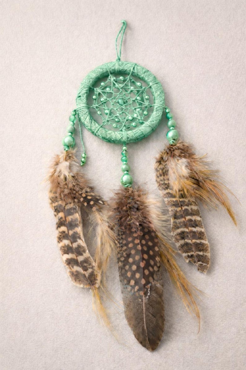 May include: A mint green dreamcatcher with a woven circular frame and beaded accents. The dreamcatcher features three brown and tan feathers with speckled and striped patterns, hanging from the bottom.