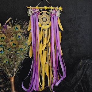 Handcrafted Yellow Dreamcatcher with Lace, Faux Flowers & Lavender Ribbons – The Perfect Rustic Christmas Gift for mom, gift for girls