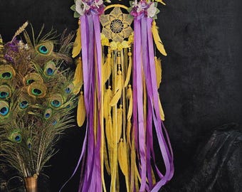 Handcrafted Yellow Dreamcatcher with Lace and Lavender Ribbons