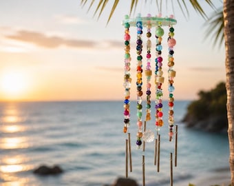 Juego de campanillas de viento atrapasoles estilo bohemio, cuentas de madera arcoíris con detalles de cristal, decoración de ventana hecha a mano