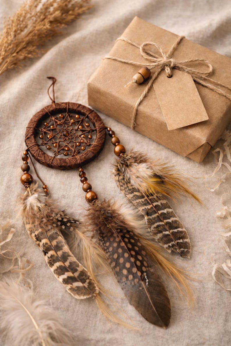 May include: A brown dreamcatcher with feathers and wooden beads, alongside a wrapped gift box tied with twine and a blank tag. The dreamcatcher features a woven center and decorative feathers in shades of brown and tan.