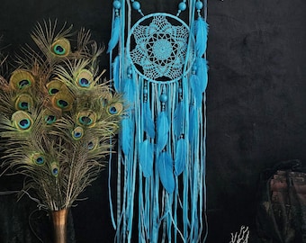 Large Blue Dreamcatcher - Nursery Decor, Duck Feathers & Cotton Doily