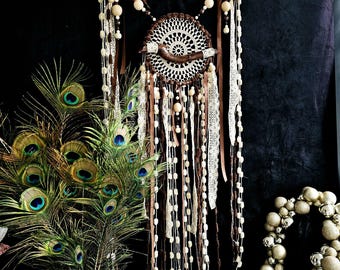 Large Brown Dreamcatcher, Cotton Doily, Wood & Glass Beads
