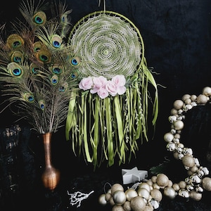 Olive Dreamcatcher with Soft Pink Roses - Flowers of Love and Fidelity, Christmas Gift for a Friend, Gift for Mom