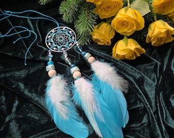 Teal Feather Dreamcatcher Car Charm – Boho Rearview Mirror Decor