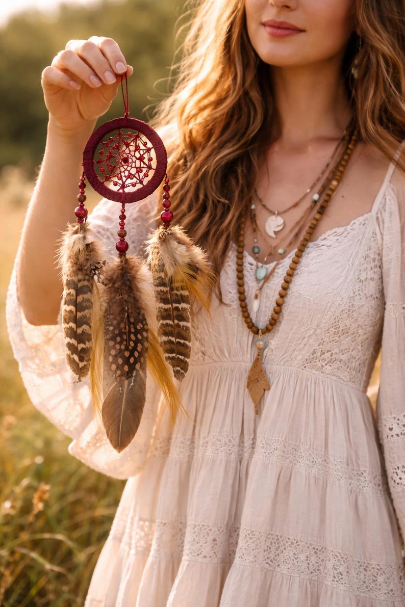 May include: A burgundy dreamcatcher with a web design and hanging feathers. The dreamcatcher is adorned with red beads and brown and tan feathers. The item is held in front of a person wearing a white dress and multiple necklaces.