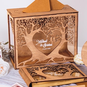 Aangepaste kaartendoos, gepersonaliseerd gastenboek voor bruiloft, pennen en houten bord, rustiek bruiloftsdecor, gastenboek vrijgezellenfeest en kaartendoos