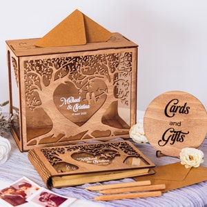 Rustikales Hochzeits-Polaroid-Gästebuch, Babyparty-Holzschild, Hochzeitskarte Box, Empfang Personalisierte Spardose und Gästebuch