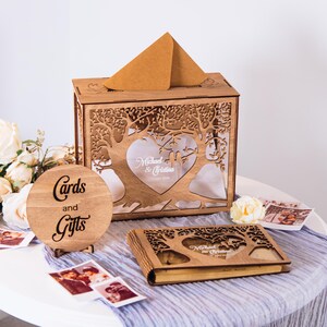 Hochzeits-Buch aus Holz und Acryl-Kartenbox, rustikales Erinnerungskästchen, Hochzeitsdetails, kundenspezifisches Hochzeits-Gästebuch, Hochzeits-Holzsing
