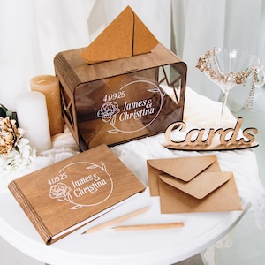 Buzón de madera con ranura para tarjetas y regalos, libro de visitas personalizado (un regalo universal), juego de libro de visitas y caja para tarjetas para baby shower, buzón para bodas.