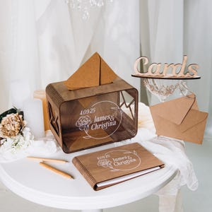 Set de libro de recuerdos y caja de tarjetas para bodas, regalo de cumpleaños personalizado, libro de recuerdos, caja de tarjetas de acrílico, decoración rústica para bodas, letreros de boda, bolígrafos de madera