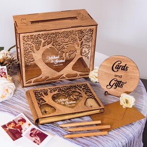 Abschluss-Gästebuch, Hochzeitstischdekoration, individuelles Geschenk für ein Cuople, Jubiläumsrezeptkartenbox, Hochzeitsholzset, Boho-Gästebuch