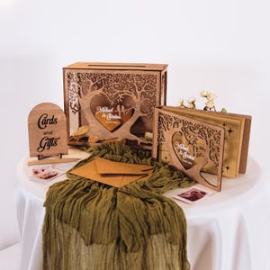 Gastenboek en kaartenboxset, gepersonaliseerde bruiloft rustiek decor, bruiloft zingen, herinneringsboek, spaarpot, handgemaakt gastenboek met houten inham