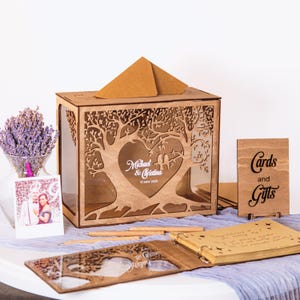 Aangepaste trouwkaartdoos en polaroid-gastenboekboomset, huwelijkscadeau voor een stel, kaartendoos voor cadeau-evelopes, rustiek decor en bord